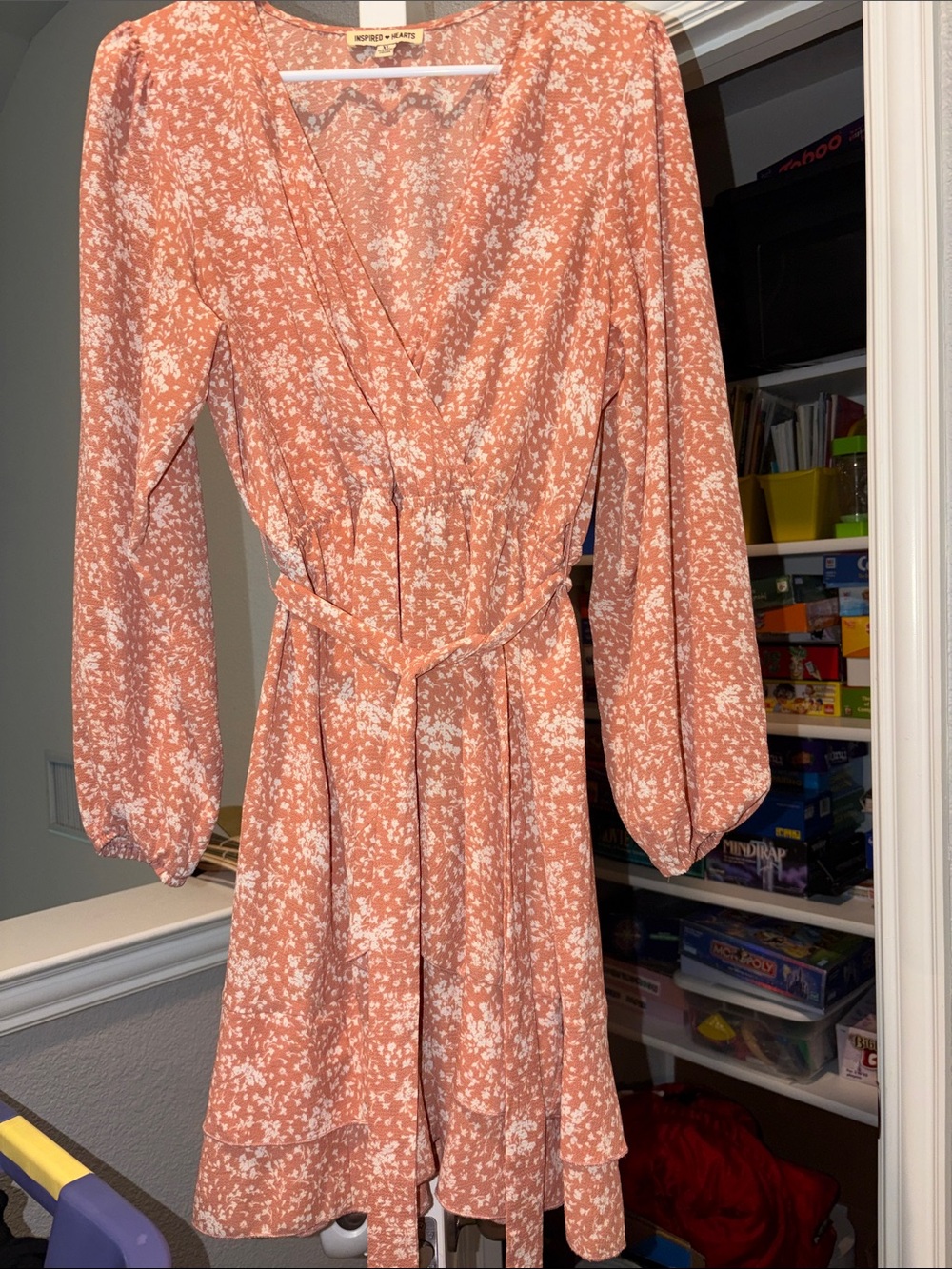 Inspired Hearts Peach Floral Wrap Dress with White Print